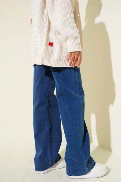 Önü Metal Düğmeli Bol Kot Pantolon Mavi - Resim 3