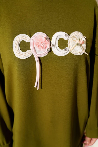 Loyşa Coco Yazı Süslemeli Tunik Yağ Yeşili - Resim 4