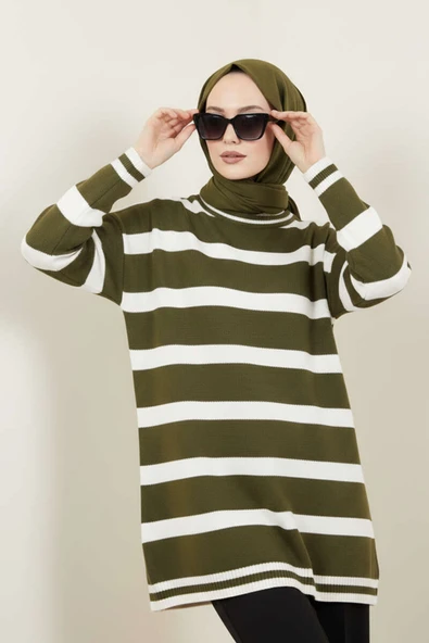 Yatay Çizgi Detaylı Triko Tunik Haki ürün görseli 1