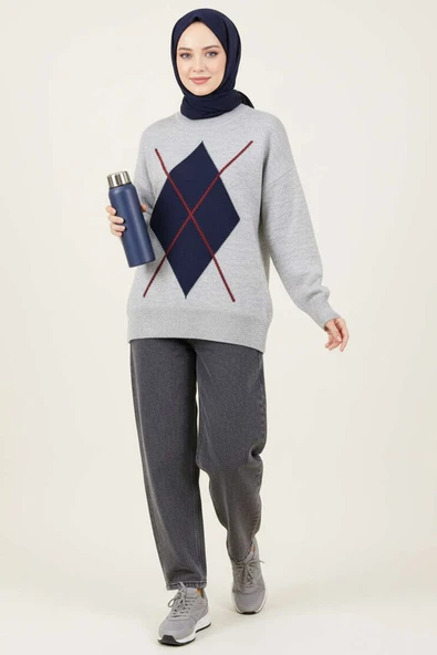 Baklava Desen Triko Kazak Gri Lacivert - Resim 2