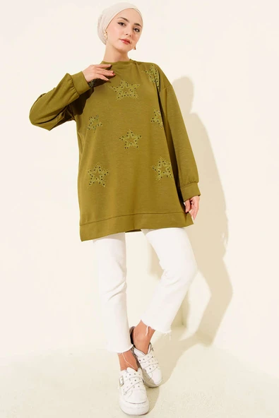 Mini Yıldız Taşlı Tunik Yağ Yeşili - Resim 2