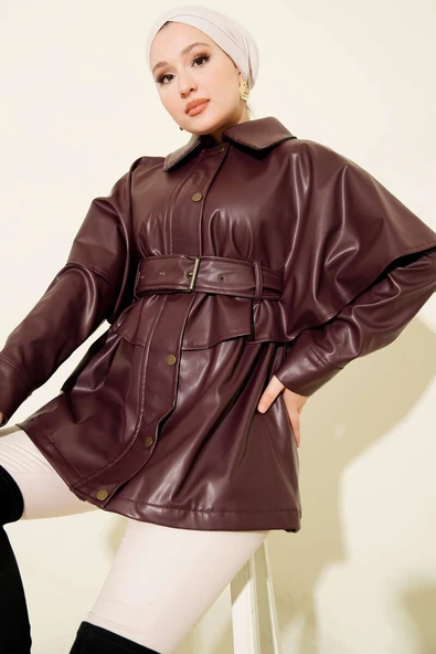Pelerinli Kemerli Deri Ceket Bordo ürün görseli
