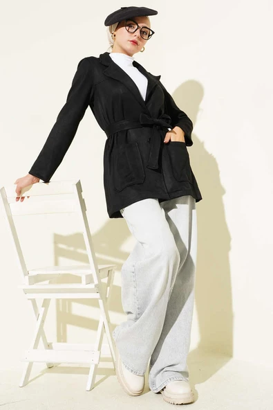 Düğmeli Kuşaklı Süet Ceket Siyah - Resim 2