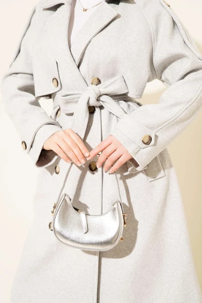 Omuz Apoletli Düğme Detaylı Kaşe Kaban Melanj Gri - Resim 4