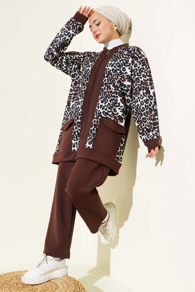 Çift Cepli Leopar Garnili İkili Takım Kahve ürün görseli 1