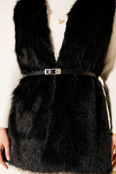 Kürklü Kemerli Yelek Siyah - Resim 4