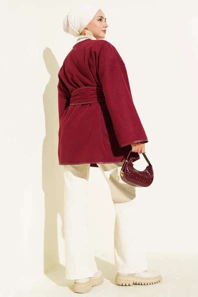 Deri Biyeli Cepli Ceket Bordo - Resim 3