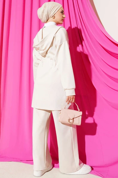 Kapüşonlu Bel Tünelli Bağcıklı İkili Takım Bej - Resim 3