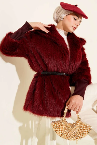 Bilek Ribanalı Kürklü Mont Bordo - Resim 2