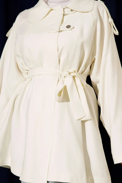 Omuz Apoletli Tensel Trençkot Ekru - Resim 4