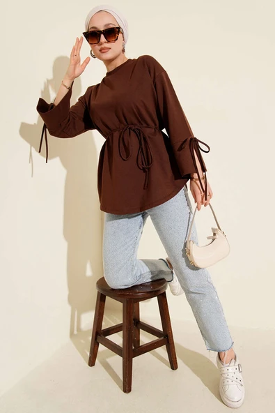 Kolları Bağcıklı İki İpli Tunik Kahve - Resim 2