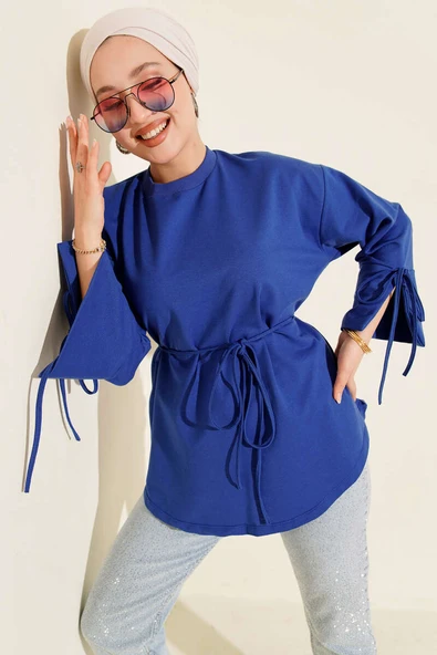Kolları Bağcıklı İki İpli Tunik Saks ürün görseli 1