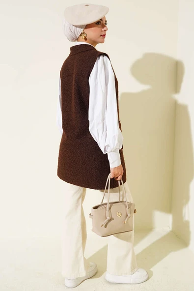 Kruvaze Yaka Düğmeli Detaylı Yelek Kahve - Resim 3