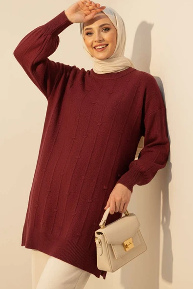 Damla Kabartmalı Yumoş Triko Tunik Bordo ürün görseli 1