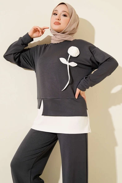 Loyşa Gül Desen İkili Takım Füme - Resim 2