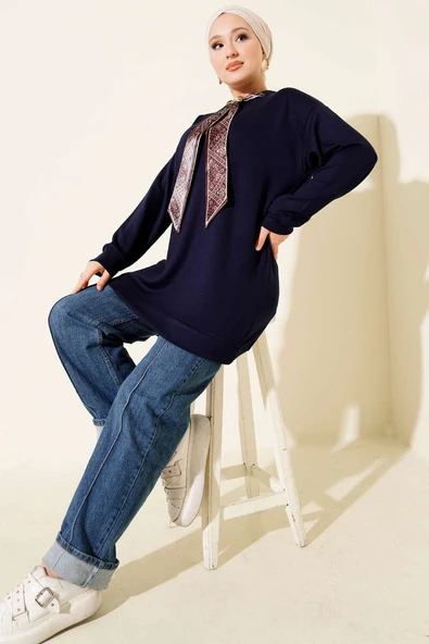 Fular Detaylı Loyşa Tunik Lacivert - Resim 2