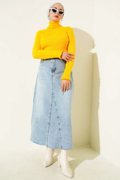 Balıkçı Yaka Fırfırlı Triko Kazak Sarı - Resim 2