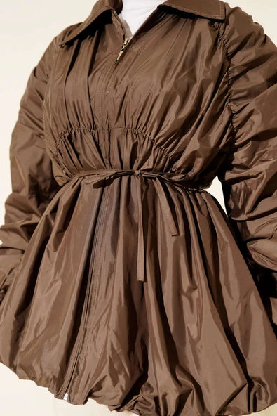 Kol Büzgülü Fermuarlı Trençkot Kahve - Resim 4