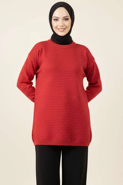 Kabartma Desenli Triko Tunik Kırmızı ürün görseli