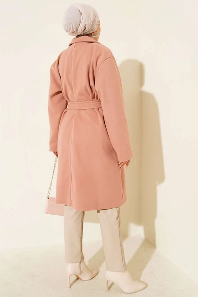 Kuşaklı Cepli Kaşe Kaban Pudra - Resim 3