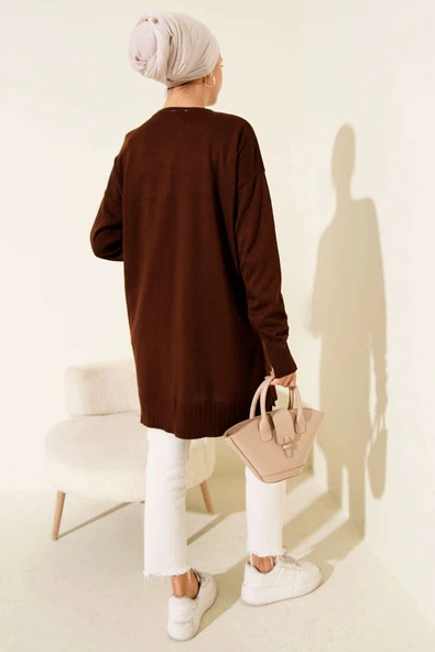 Büyük Çiçek Desenli Triko Tunik Kahve - Resim 3