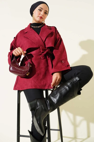 Süet Pelerinli Kuşaklı Trençkot Bordo ürün görseli 1