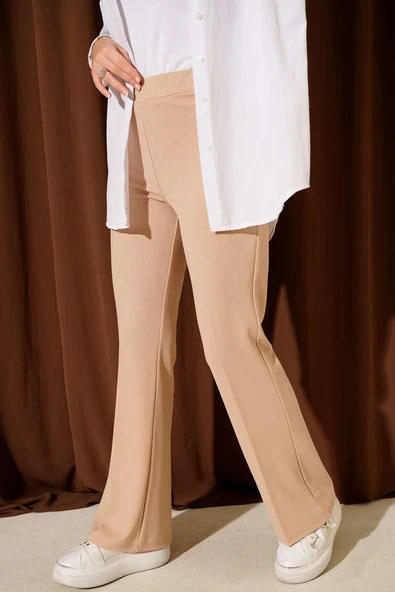 İspanyol Paça Bel Lastikli Dabıl Pantolon Latte - Resim 2