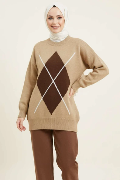 Baklava Desen Triko Kazak Latte Kahve ürün görseli