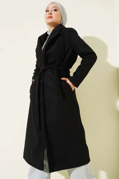 Kruvaze Yaka Kuşaklı Astarlı Kaban Siyah - Resim 2