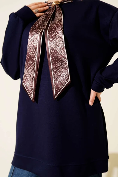 Fular Detaylı Loyşa Tunik Lacivert - Resim 4