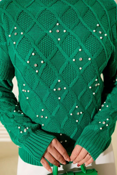 Dik Yaka Taşlı Triko Kazak Yeşil - Resim 4