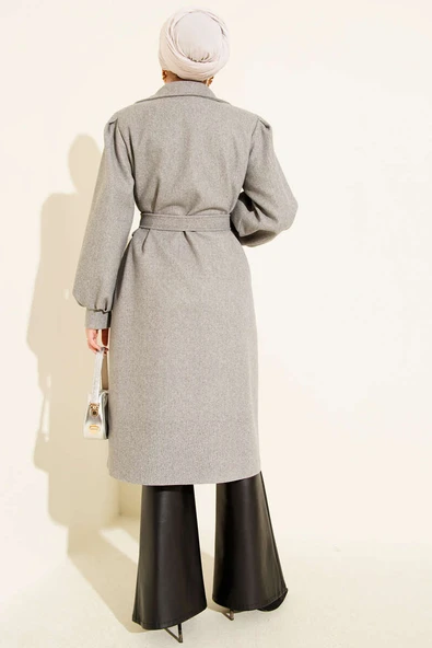 Kruvaze Yaka Balon Kol Kuşaklı Kaşe Kaban Gri - Resim 3