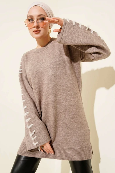 Kol Bağcık Detaylı Triko Tunik Vizon ürün görseli 1