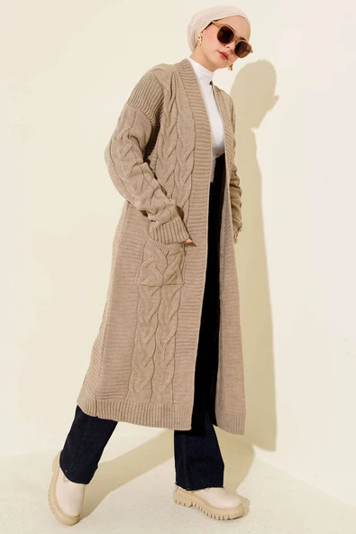 Cepli Örgü Desenli Uzun Hırka Vizon ürün görseli 1