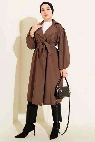 Kruvaze Yaka Balon Kol Kuşaklı Trençkot Kahve - Resim 2