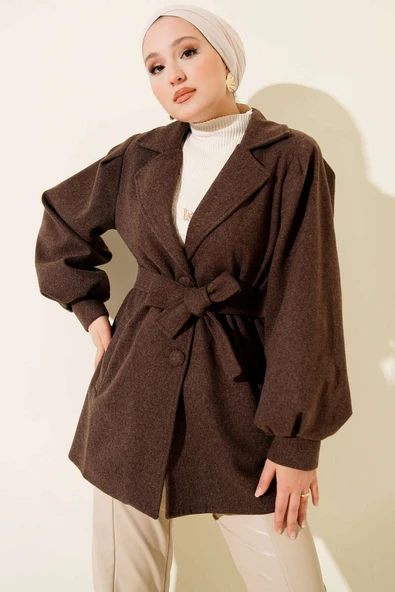 Balon Kol Kuşaklı Kısa Kaban Kahve ürün görseli 1