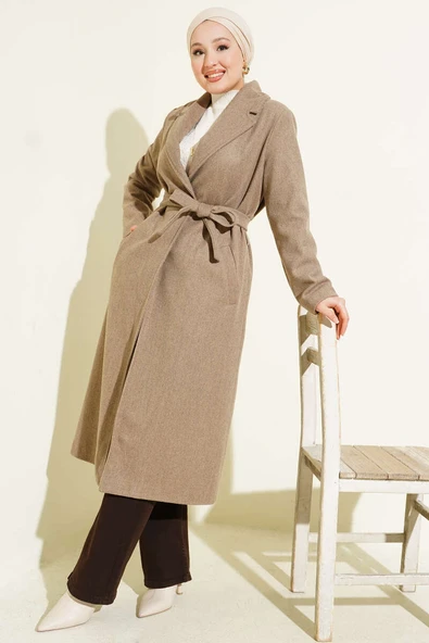 Kruvaze Yaka Kuşaklı Astarlı Kaban Vizon ürün görseli 1