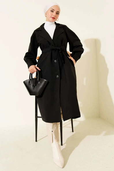 Kruvaze Yaka Kuşak Detaylı Trençkot Siyah ürün görseli 1
