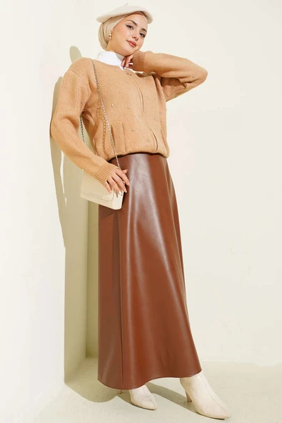 Taşlı Fermuarlı Kısa Triko Hırka Camel - Resim 2