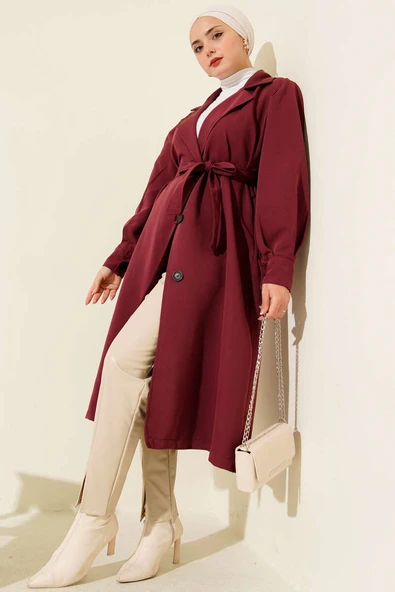 Kruvaze Yaka Kuşak Detaylı Trençkot Bordo - Resim 2