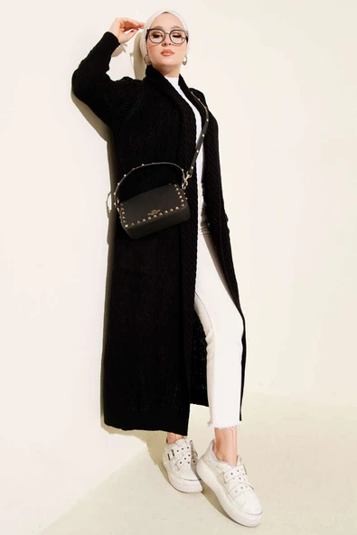 Şal Yaka Örgü Kabartmalı Triko Hırka Siyah ürün görseli