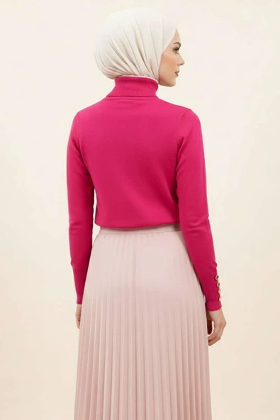 Kol Düğmeli Balıkçı Yaka Triko Kazak Pembe - Resim 3