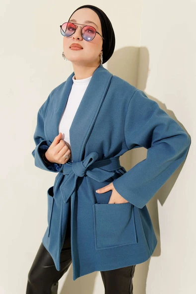 Çift Cepli Kruvaze Kuşaklı Kısa Kaban Mavi ürün görseli 1