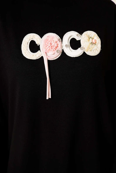 Loyşa Coco Yazı Süslemeli Tunik Siyah - Resim 4