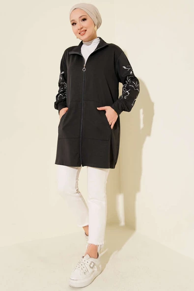 Loyşa Kolları Nakışlı Fermuarlı Hırka Füme - Resim 2