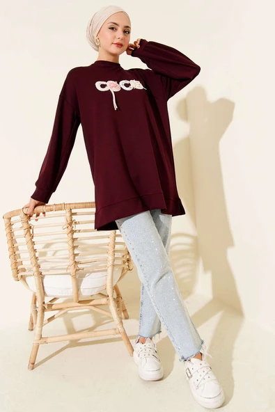 Loyşa Coco Yazı Süslemeli Tunik Mürdüm - Resim 2