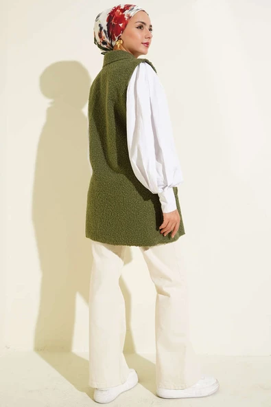 Kruvaze Yaka Düğmeli Detaylı Yelek Haki - Resim 3