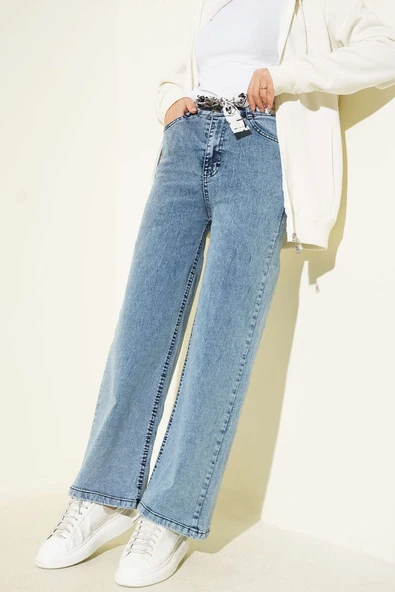 Kuşaklı Geniş Paça Kot Pantolon Açık Kar ürün görseli 1