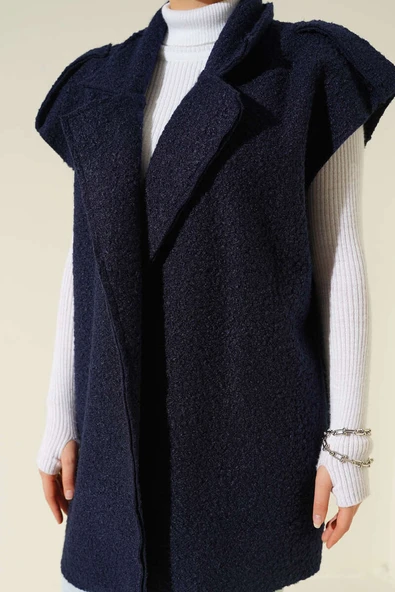 Kruvaze Yaka Kuşaklı Buklet Yelek Lacivert - Resim 4