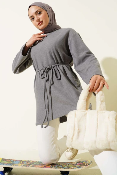 Geniş Kollu Fitilli Kaşe Tunik Gri ürün görseli 1